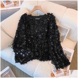 Womens Blouses Shirts Elegant Sequined Feather Blouse Women Spring Autumn Party Tops And Long Sleeve Shirt Blusas Mujer Drop Delivery Dhmrk