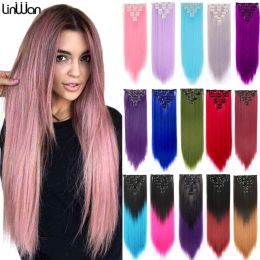 Piece Piece Synthetic Long Straight Hair 16 Clips 140G Clips in High Temperature Fiber Black Brown Pink Hairpiece Linwan