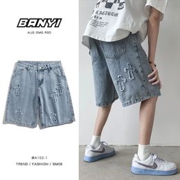 Y2K Ripped Denim Shorts European and American High Street Cross Jeans Brand Straight Loose Harajuku Mens 240328