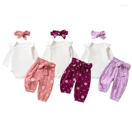 Clothing Sets Born Baby Girl Clothes Set 2024 Autumn Infant Long Sleeve Romper With Flower Print Belted Pants And Headband 3PCS Outfit