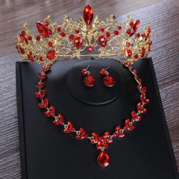 Necklace Earrings & Necklace Baroque Vintage Gold Red Crystal Bridal Jewellery Sets Wedding African Beads Rhinestone Tiaras Crown SetEarrings