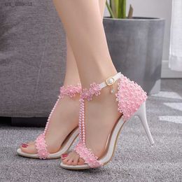 Dress Shoes Sexy High Heels Wedding Prom Women Sandals String Bead Buckle Strap PU 9CM Thin Party Korean Style White H240403U8FK