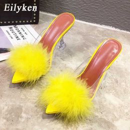 Dress Shoes Design White Fluffy Pointed Toe Womens Slippers PVC Transparent Jelly Sandals Perspex Glass Spike Heels Pumps H240403BCKS