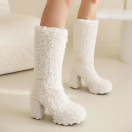 Boots New Platform Furry Faux Fur Women Knee High Boots Winter Slip On Brand Design High Heels Long Boots Female Shoes Plus Size 41 42