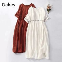 Vintage Embroidery Cotton Linen White Dress Womens Summer Breathable O Neck Short Sleeve Loose Boho Dress Casual Midi Vestidos 240321