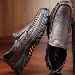 Casual Shoes Men Genuine Leather Leisure Slip On Comfortable Thick Sole Male Quality Waterproof Black