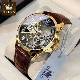 OLEVS Luxury Mens Watches Fully Holow Out Design Waterproof Leather Strap Automatic Mechanical Wristwatch for Men Reloj Hombre 240327