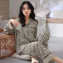 Women's Sleepwear Womens Silk Satin Pajamas Set Turn-down Collar Pyjamas Long Sleeves Leopard Print Female Spring Homewear Home Services