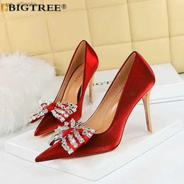 Dress Shoes BIGTREE Pumps Women Fashion Brand New Sexy Butterfly-knot Pointed Toe Flock 10.5CM Thin Heels Mature Party Wine Red H240403
