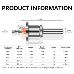 VACK 8mm Shank Countersink Drill With Stopper Woodworking Core Drill Bits For Depth Adjustable Hidden Screw 2.8 3.0 3.5 3.2 4mmm