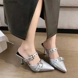 Dress Shoes Punk Goth Metal Buckle High Heels Womens Sandals Summer 2024 Pointed Toe Silver Party Fashion Pumps Tacones H240403