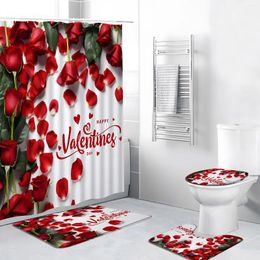 Shower Curtains Valentine's Day Curtain Red Rose Romantic Wine Glass Candle Bath Mat Toilet Cover Bathroom Decor Set