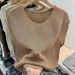 Women's T Shirts Summer Sleeveless T-shirts Women Solid Tops Ice Silk Knitted Tshirt French Style Bottom Tees Elegant Blusas 27369