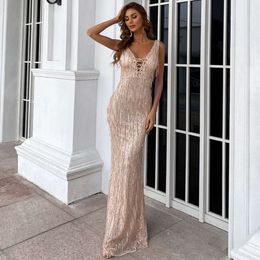 AirForeign lou lai Trade New Sexy Temperament Tassel Bead Piece Chest Lace Up Dress Elegant Evening Dress For Women M01103