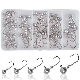 Fishhooks 55Pcs Jig Heads Hooks Set Crappie jig heads Unpainted Football worm jig hooks assortment for Bass Flounder Saltwater fishing Kit