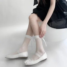 Women Socks Lolita Kawaii Bowknot Cute Y2k Ultra-thin Transparent Nylon Long For JK Sweet Girl Black White Sock Wholesale