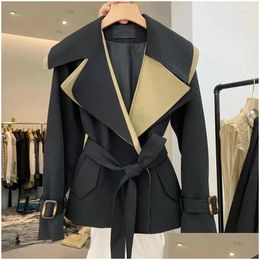 Womens Trench Coats Splicing Casual Coat Women Short Windbreaker 2024 Spring Fall Jacket Female Overcoat Fashion Loose Belt Long Drop Otatz