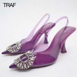 Boots Traf Rhinestone High Heels Woman Pumps Transparent Heels Glitter Clear Purple Wedding Shoes Bride Shoes Women Spring Summer 2022