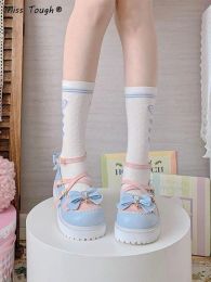 Boots Summer Lolita Sweet Sandals Women Japanese Style Bow Kawaii Chic Mary Janes Shoes Mixed Color Round Toe Casual Shoes 2022 New