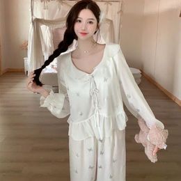 Home Clothing Women Outfit Casual Clothes Long Sleeve Sleepwear Lace Nightwear Summer Spring Pyjamas Set Button Down Trousers Suit