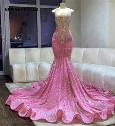 Party Dresses Pink Sequin Silver Crystal Beading Prom Black Girls Luxury Gowns Elegant Dress For Wedding Mermaid Cocktail Gown