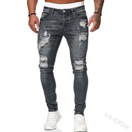 Cross Border European and American Emblem Embroidered Men's Jeans with Knee Tears Zipper Small Feet Pants Foreign Trade Large Size Denim Pants Purple Jeans 53