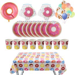 WEIGAO Donut Party Plate Cup Napkins Tablecloth Banner Birthday Party Disposable Tableware Set 1st Birthday Decor Party Supplies