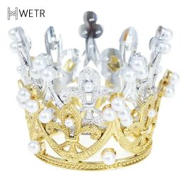 Mini Golden Crown Cake Topper Crystal Pearl Tiara Children Hair Jewellery Ornaments