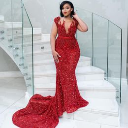 Plus Size 2024 African Prom Dress Evening Gowns Elegant Sheer Neck Veet Sequined Lace Beading Sexy Back Birthday Party Dresses For Black Women Girls Am677 Es