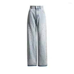 Women's Jeans 2024 Pants Spring Heavy Nail Bead Design Straight Tube High Waist Slim Fashion Temperament All Match Y2k
