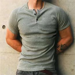 Coarse Thread 230g Cotton Henley Shirt Men's T-shirt Solid Colour Men's Summer Short Sleeve Fitness