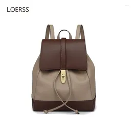 Backpack LOERSS Genuine Leather Casual Large Capacity Handbags For Women Student Commute Shooping Contrasting Colour Zipper Bags