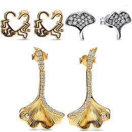 Stud Earrings Original Golden Shine Gingko Leaf Walking Heart Crystal Earring 925 Sterling Silver For Women Gift Europe Jewellery