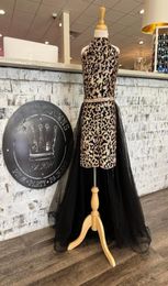 Leopard Print Sequins Girl Pageant Dress Jumpsuit 2022 Short Animal Print Romper High Neck Tulle Skirt Little Kid Birthday Formal 4882401