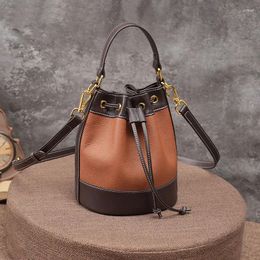 Evening Bags Women's Genuine Leather Bucket Bag Fashion Designer Contrast Colour Handbag Casual Female String Basket Shoulder Crossbody