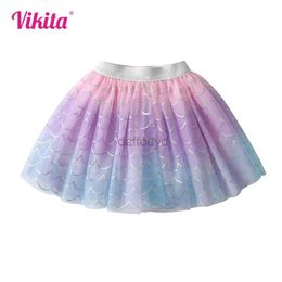 Urban Sexy Dresses VIKITA Kids Mermaid Print Skirt Girls Colourful Gradient Princess Mini Skirts Girls Party Beach Casual Skirts Children Costumes 240403