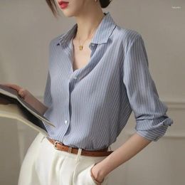 Women's Blouses Office Lady Blue Striped 2024 Spring Summer Fashion Style All-match Blouse Long Sleeve Turndown Collar Loose Casual Shirt