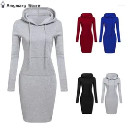 Casual Dresses Women's Long-sleeved Hooded Sweatshirt Dress Solid Colour Mid-length With Pocket Slim Tunic Pullover Top