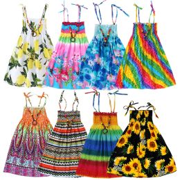 Collane Summer Girls Floral Dress Fling Ruffles Bohémien Beach Princess Abiti per abbigliamento da ragazza 2 6 8 12 anni con regalo di collana