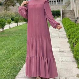 Ethnic Clothing Muslim Dresses For Women Solid Colour Elegant Long Sleeve Fashion Pleated Loose Dubai Abayas Arab Islamic Dress