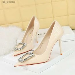 Dress Shoes BIGTREE New Woman Pumps Luxury Designer Shallow Rhinestone Pointed Toe PU 10CM Thin Heels Square Button Women white H240403W1PN