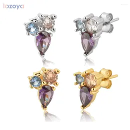 Stud Earrings Lozoya 925 Sterling Silver Three Zircon Fashion Jewelry Ovals Purple Earring 2024 Rock Punk Women Crystal Wedding