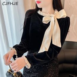Women's Blouses CJFHJE Spring French Elegant Bow Shirt Korean Retro Casual Solid Colour Women Exquisite Velvet Long Sleeved Top