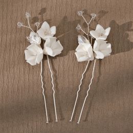 2PCS U-shaped Ceramic Flowers Hairpin Hair Accessories White Ceramic Flowers Updos Hair Pins for Bride Bridesmaids Flower Girls