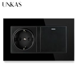 UNKAS EU Standard Wall Power Socket Tempered Crystal Glass Panel Outlet + 1 2 3 4 Gang 1 / 2 Way On / Off Light Switch 146*86MM