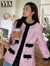 Office Ladies French Retro Pink Tweed Jacket Fashion O-Neck Mixed Colors Spring Autumn Women Coat Long Sleeve Elegant Outerwear 240401