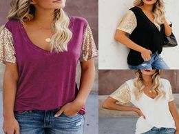 Short sleeve sequin women shirts glitter Vneck tank top lady sequin blouses sexy summer new design shirts7818632