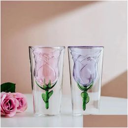 Wine Glasses 1 Piece 200Ml Rose Glass Heat Resistant Inner Pink Blue Shaped Double Wall Water Milk Coffee Cup Gift Drop Delivery Hom Dh5Am