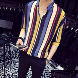 Mens Casual Shirts Loldeal Summer V-Neck Loose Color Striped Beautif Printed Shirt White Blue Drop Delivery Apparel Clothing Dhwel