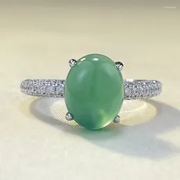 Cluster Rings 2024 S925 Silver Inlaid High Green Chalcedony Temperament Large Egg Face 6 8 Agate Ring Jewelry